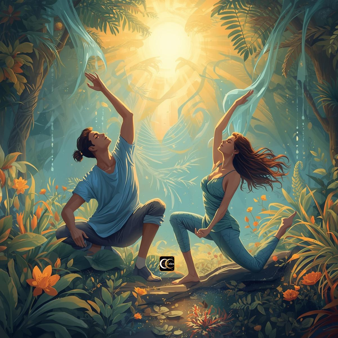 couple doing yoga in healthy environment manifesting energy together